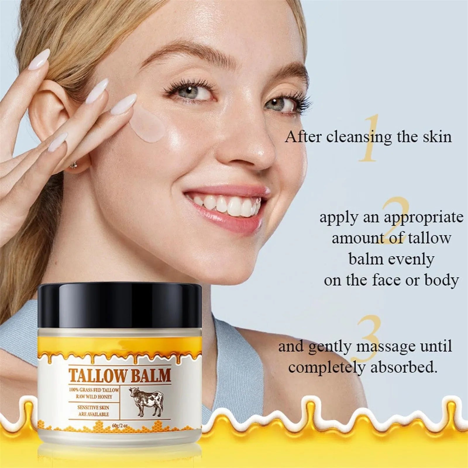 60G Beef Tallow Paste for Skin Care Beef Neck Balm Grass Fed Tallow Wild Honey Face and Body